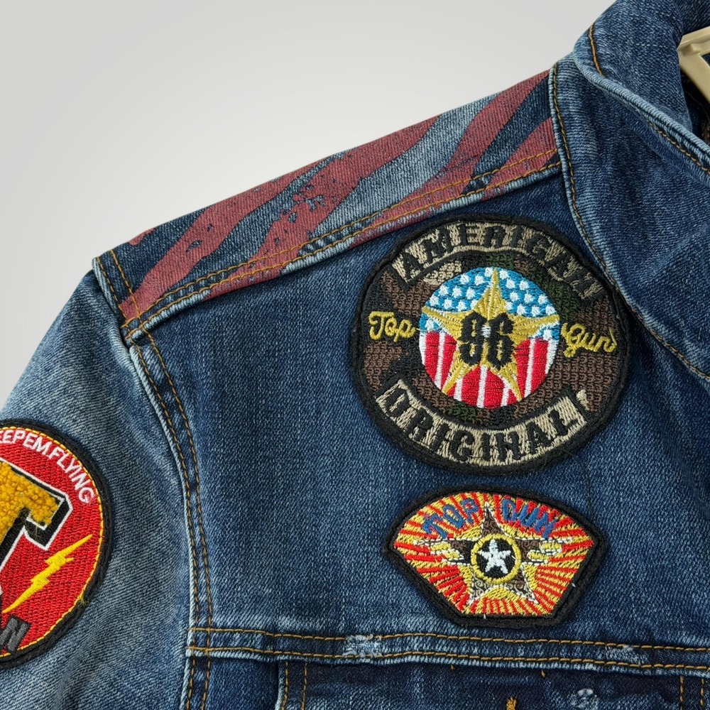 Denim Bomber Jacket with Embroidered Jaguar and Flag Patch - Picture 6 of 11